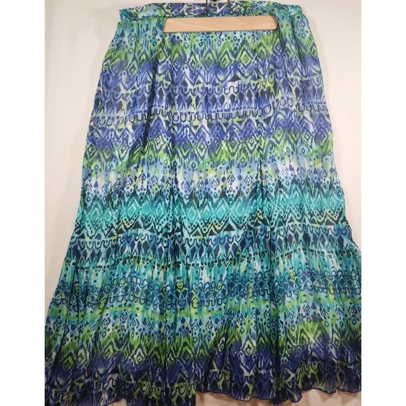 Tanjay Petites Blue Green Ikat Print Crinkle Maxi Skirt 14P Boho Tiered Lined - Picture 2 of 7